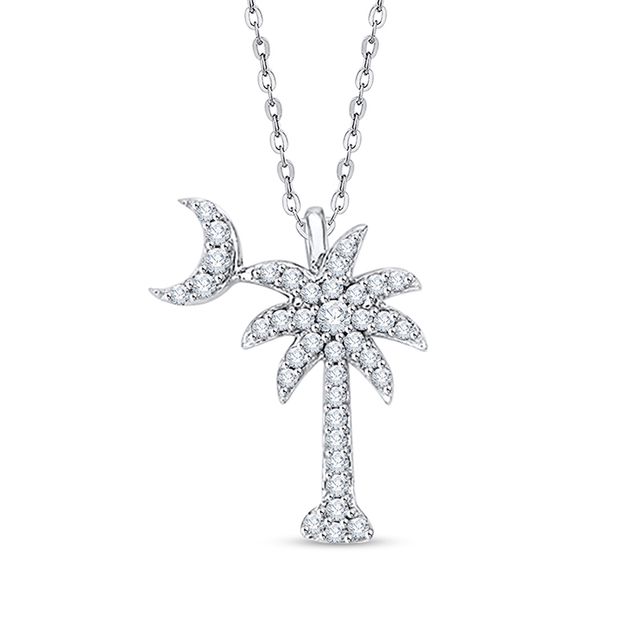 Previously Owned - 1/6 CT. T.w. Diamond Crescent Moon Over Palm Tree Pendant in 14K White Gold