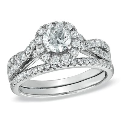 Previously Owned - 1 CT. T.w. Diamond Frame Twist Bridal Set in 14K White Gold