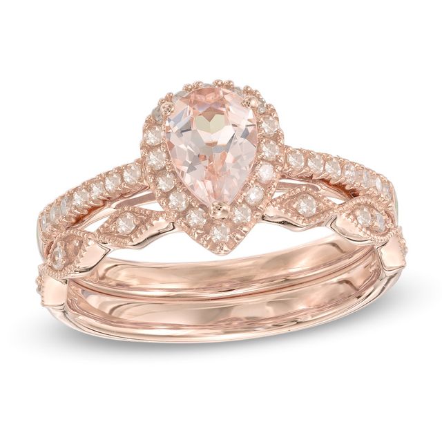 Previously Owned - Pear-Shaped Morganite and 1/4 CT. T.w. Diamond Frame Vintage-Style Bridal Set in 14K Rose Gold