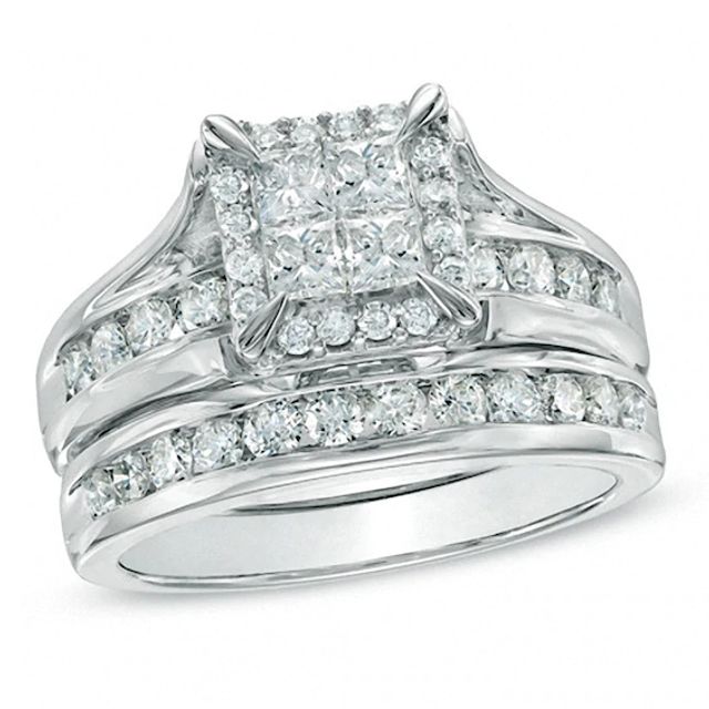 Previously Owned - 1-1/2 CT. T.w. Quad Princess-Cut Diamond Bridal Set in 14K White Gold