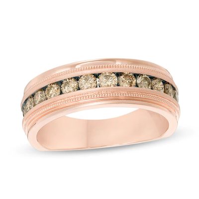 Previously Owned - Men's 1 CT. T.w. Champagne Diamond Milgrain-Edge Wedding Band in 10K Rose Gold