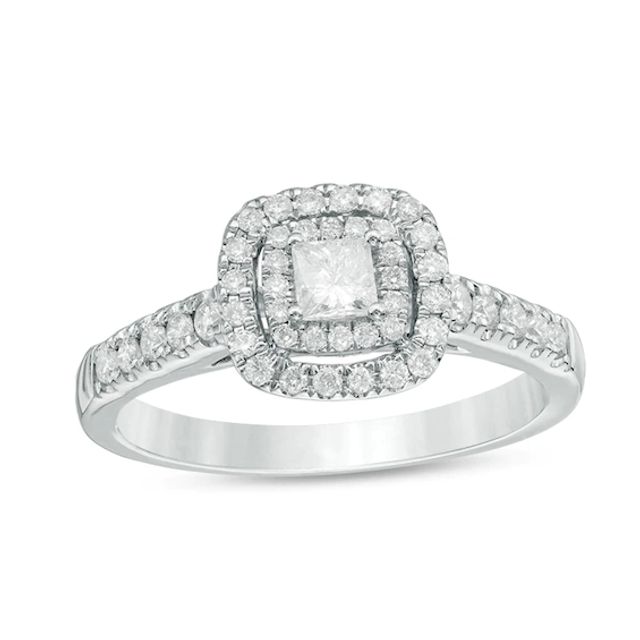 Previously Owned - 1/2 CT. T.w. Princess-Cut Diamond Double Frame Engagement Ring in 14K White Gold