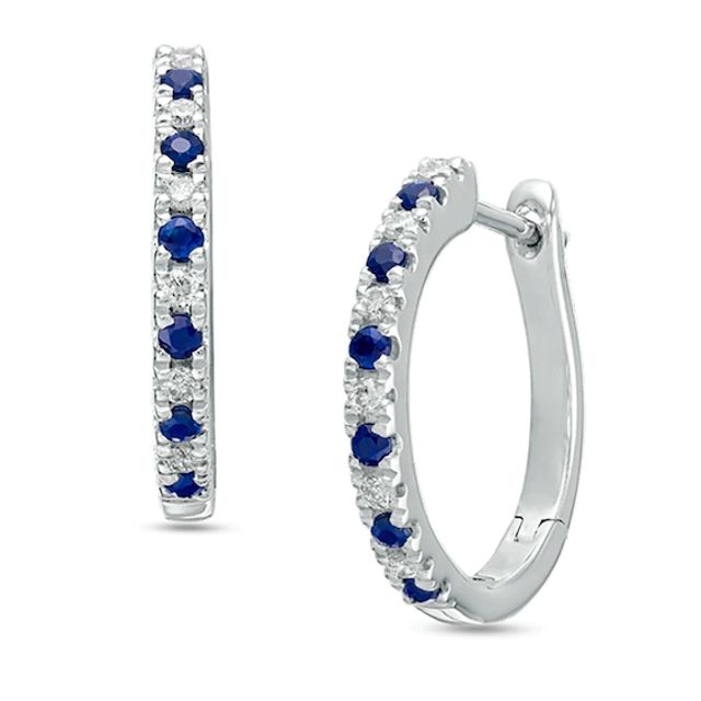 Previously Owned - Vera Wang Love Collection 1/8 CT. T.w. Diamond and Blue Sapphire Hoop Earrings in Sterling Silver