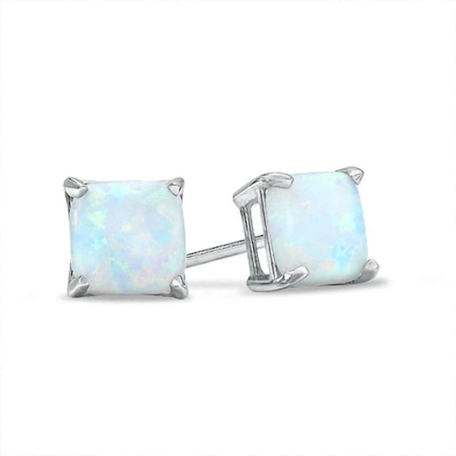 Previously Owned - 6.0mm Cushion-Cut Lab-Created Opal Stud Earrings in 10K White Gold