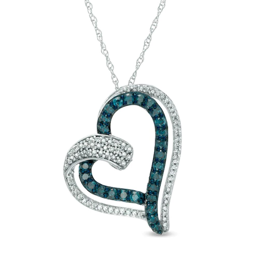 Previously Owned - 1/2 CT. T.w. Enhanced Blue and White Diamond Tilted Double Heart Pendant in 10K White Gold