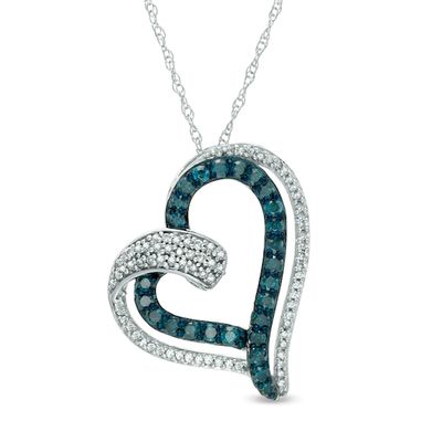 Previously Owned - 1/2 CT. T.w. Enhanced Blue and White Diamond Tilted Double Heart Pendant in 10K White Gold