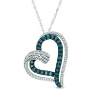 Previously Owned - 1/2 CT. T.w. Enhanced Blue and White Diamond Tilted Double Heart Pendant in 10K White Gold