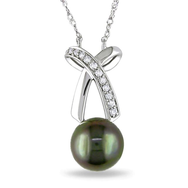 Previously Owned-8.0-8.5mm Black Tahitian Cultured Pearl and 1/10 CT. T.w. Diamond Bow Necklace-17"