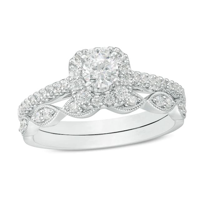 Previously Owned - 3/4 CT. T.w. Diamond Cushion Frame Vintage-Inspired Bridal Set in 10K White Gold