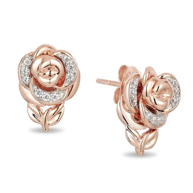 Previously Owned - Enchanted Disney Belle 0.084 CT. T.w. Diamond Rose Stud Earrings in 10K Rose Gold