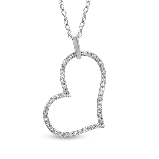 Previously Owned - 1/10 CT. T.w. Diamond Tilted Heart Outline Pendant in 10K White Gold