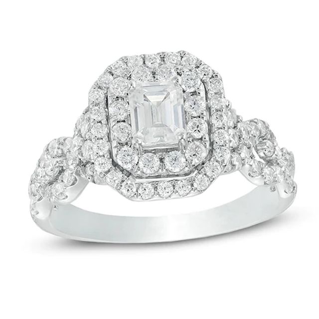 Previously Owned - Celebration Ideal 1-1/2 CT. T.w. Emerald-Cut Diamond Frame Engagement Ring in 14K White Gold (I/I1)