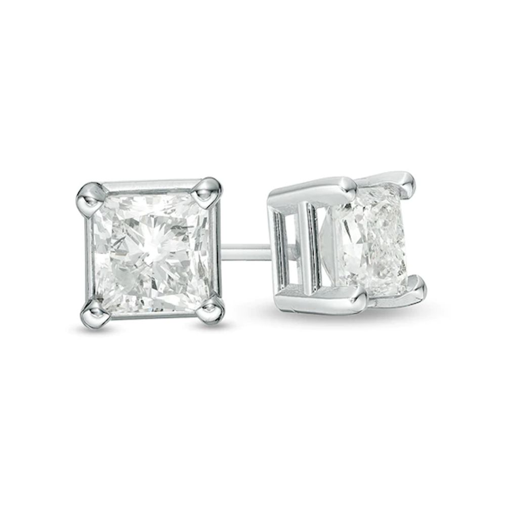 Previously Owned - 1-1/5 CT. T.w. Princess-Cut Diamond Solitaire Stud Earrings in 14K White Gold