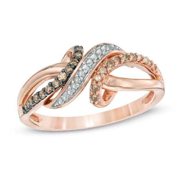 Previously Owned - 1/4 CT. T.w. Champagne and White Diamond Bypass Waves Ring in 10K Rose Gold