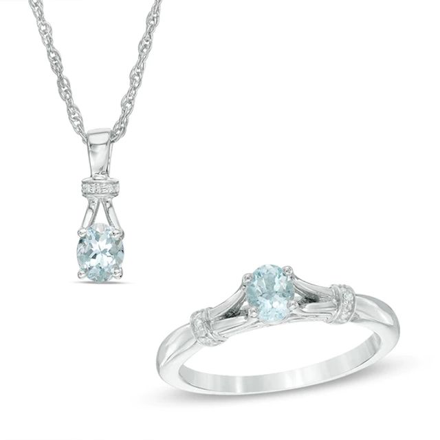 Previously Owned - Oval Aquamarine and Diamond Accent Collar Pendant and Ring Set in Sterling Silver