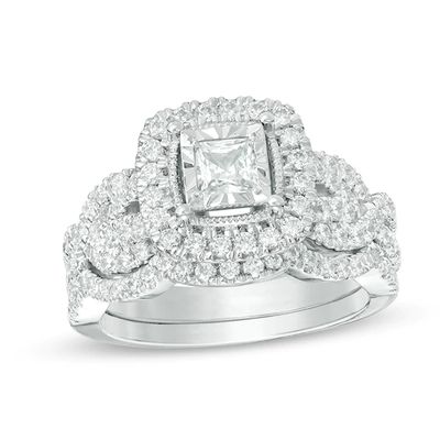 Previously Owned - 1-1/2 CT. T.w. Princess-Cut Diamond Frame Vintage-Style Twist Bridal Set in 14K White Gold