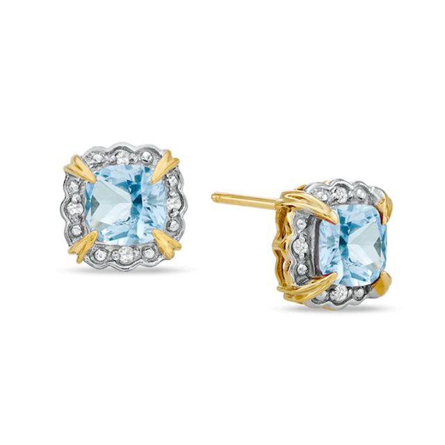 Previously Owned - 6.0mm Cushion-Cut Simulated Aquamarine and Diamond Accent Frame Stud Earrings in 10K Gold