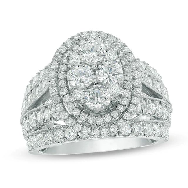 Previously Owned - 3 CT. T.w. Quad Diamond Oval Frame Multi-Row Vintage-Style Engagement Ring in 14K White Gold