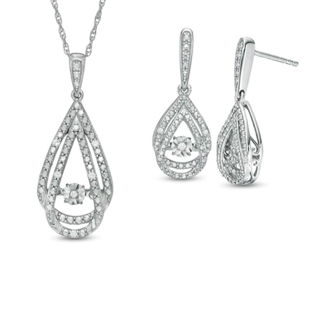 Previously Owned - 1/10 CT. T.w. Diamond Accent Teardrop Pendant and Earrings Set in Sterling Silver