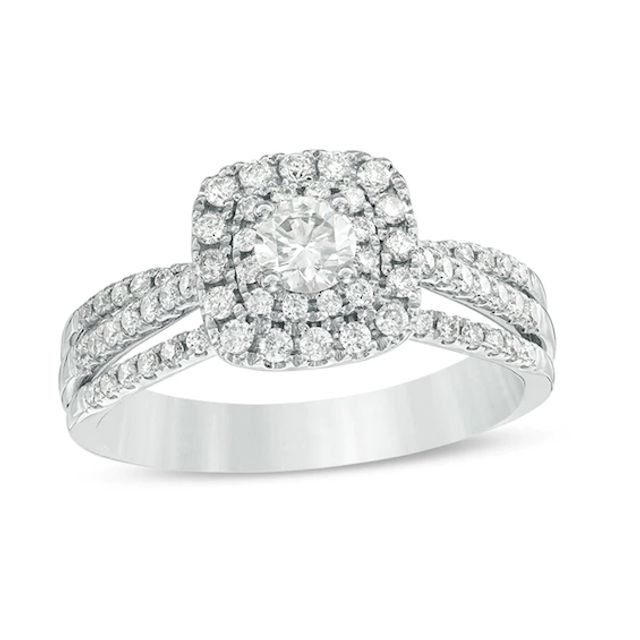 Previously Owned - 3/4 CT. T.w. Diamond Double Cushion Frame Multi-Row Split Shank Engagement Ring in 14K White Gold