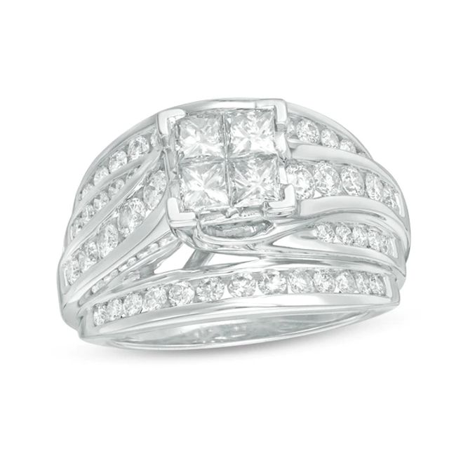 Previously Owned - 2 CT. T.w. Quad Princess-Cut Diamond Multi-Row Engagement Ring in 14K White Gold