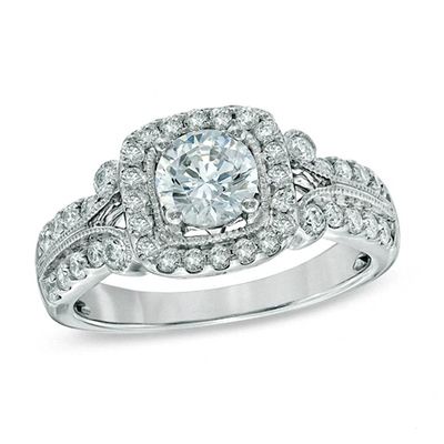 Previously Owned - Celebration Ideal 1-1/4 CT. T.w. Diamond Frame Vintage-Style Engagement Ring in 14K White Gold (I/I1)