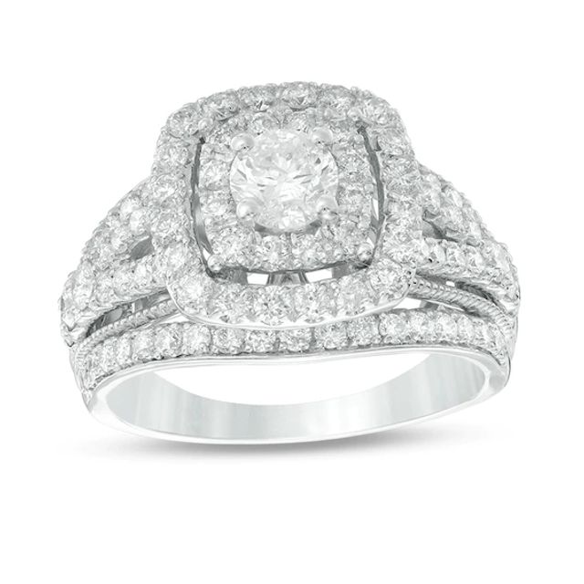 Previously Owned - 2 CT. T.w. Composite Diamond Frame Multi-Row Vintage-Style Engagement Ring in 14K White Gold