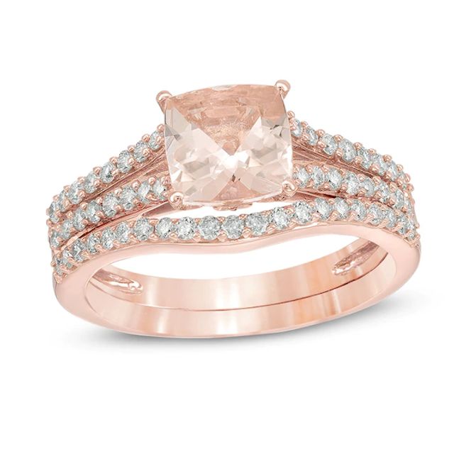 Previously Owned - 7.0mm Cushion-Cut Morganite and 1/2 CT. T.w. Diamond Bridal Set in 14K Rose Gold