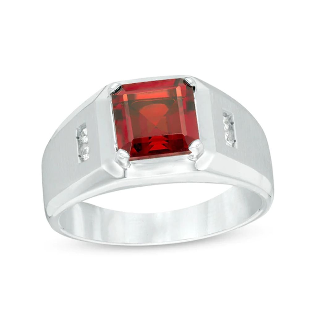 Previously Owned - Emerald-Cut Garnet and 1/15 CT. T.w. Diamond Ring in Sterling Silver
