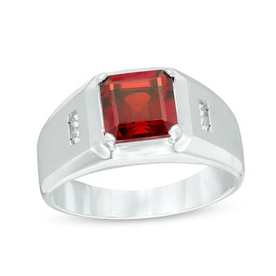 Previously Owned - Emerald-Cut Garnet and 1/15 CT. T.w. Diamond Ring in Sterling Silver