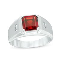 Previously Owned - Emerald-Cut Garnet and 1/15 CT. T.w. Diamond Ring in Sterling Silver