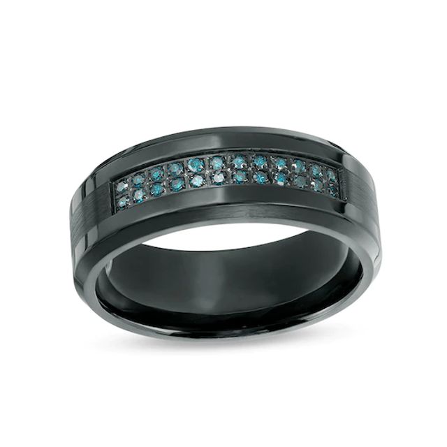 Previously Owned - Men's 1/6 CT. T.w. Enhanced Blue Diamond Comfort-Fit Wedding Band in Black IP Stainless Steel