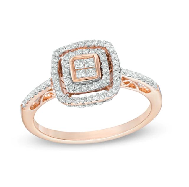 Previously Owned - 1/2 CT. T.w. Quad Princess-Cut Diamond Double Frame Ring in 10K Rose Gold