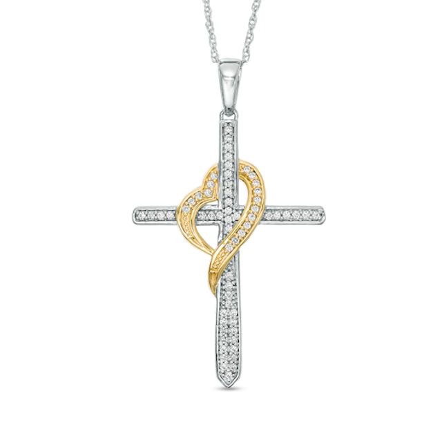 Previously Owned - 1/5 CT. T.w. Diamond Cross with Heart Pendant in 10K Two-Tone Gold