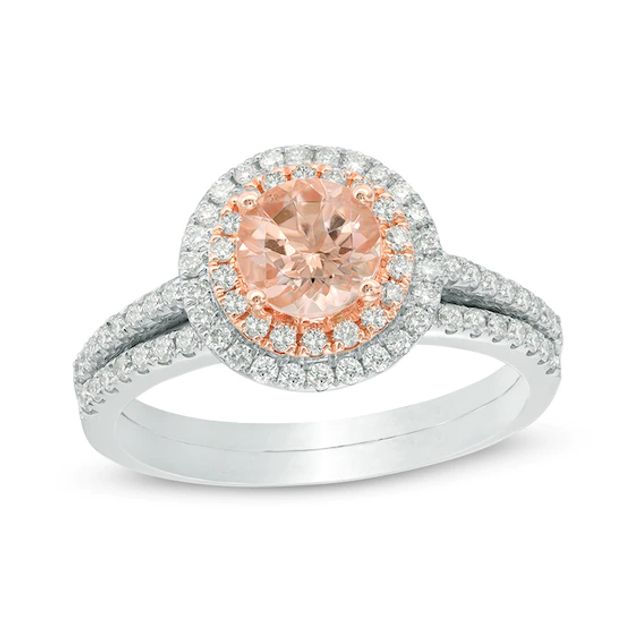 Previously Owned - 6.0mm Morganite and 3/8 CT. T.w. Diamond Double Frame Bridal Set in 14K Two-Tone Gold