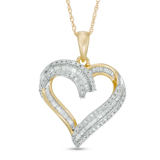 Previously Owned - 1/2 CT. T.w. Baguette-Cut and Round Diamond Heart Pendant in 10K Gold