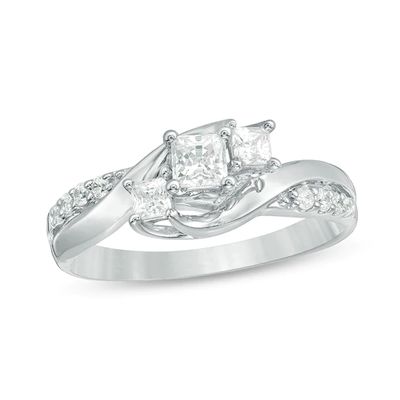 Previously Owned - 1/2 CT. T.w. Princess-Cut Diamond Three Stone Swirl Ring in 14K White Gold