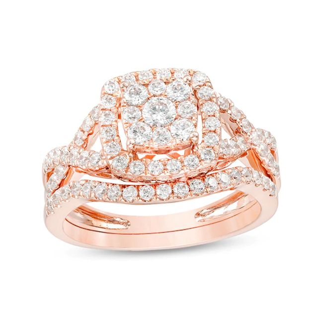 Previously Owned 1 CT. T.w. Diamond Double Cushion Frame Twist Soldered Bridal Set in 10K Rose Gold