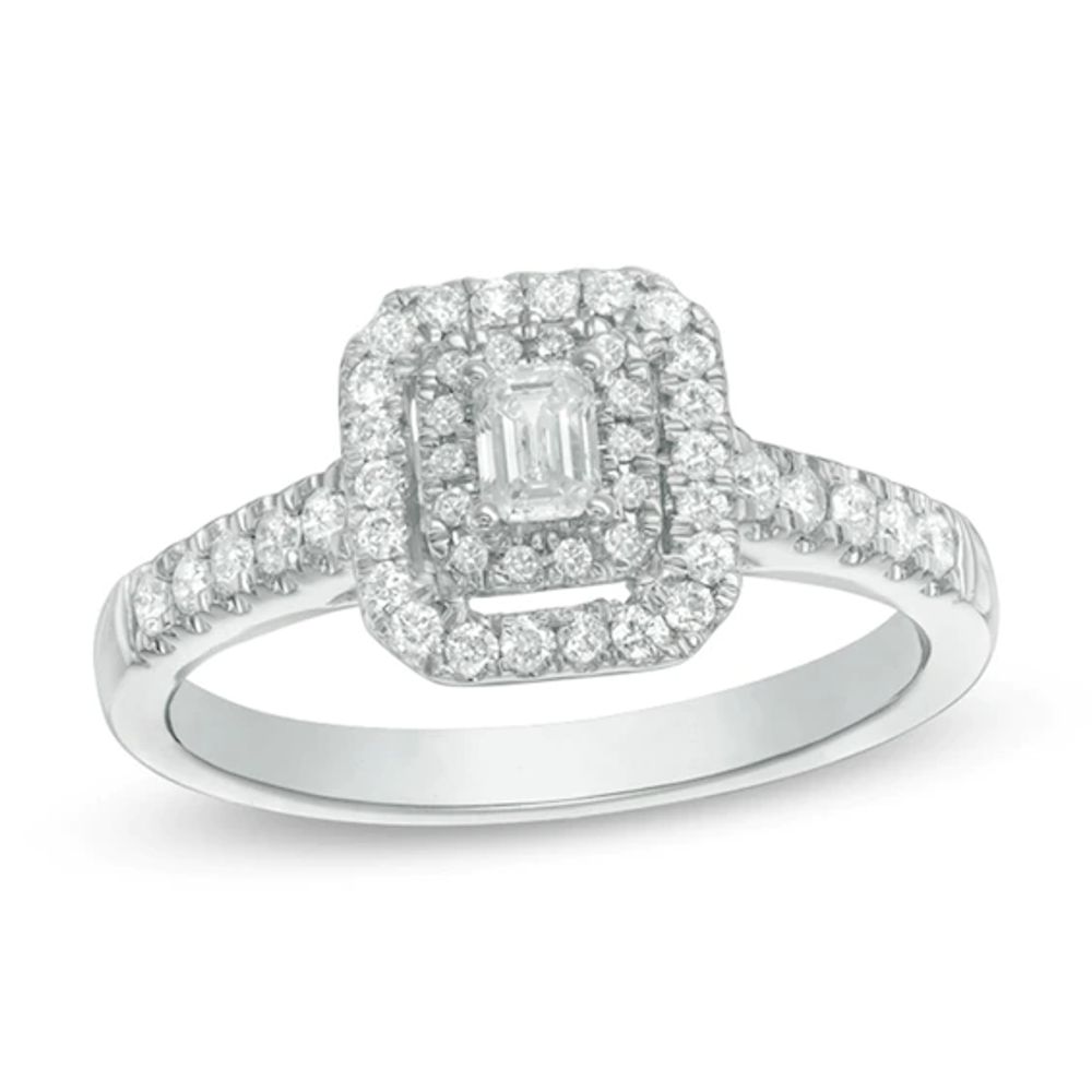 Previously Owned - 1/2 CT. T.w. Emerald-Cut Diamond Double Frame Engagement Ring in 14K White Gold