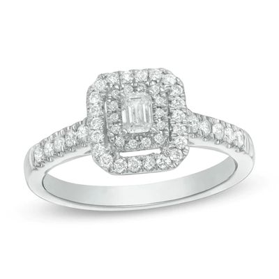 Previously Owned - 1/2 CT. T.w. Emerald-Cut Diamond Double Frame Engagement Ring in 14K White Gold