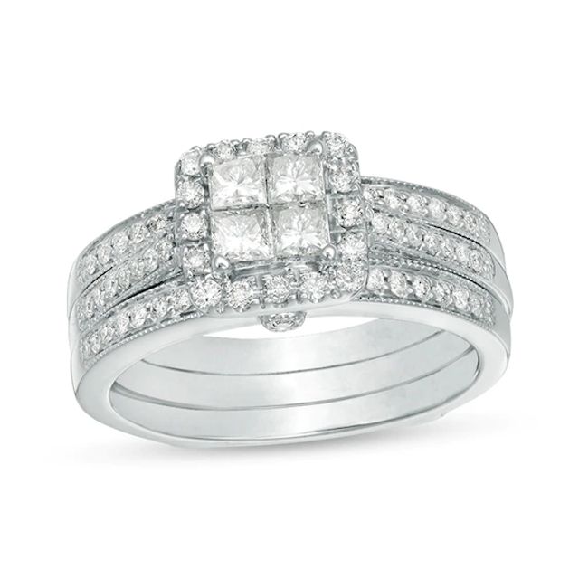 Previously Owned - 3/4 CT. T.w. Quad Princess-Cut Diamond Frame Vintage-Style Three Piece Bridal Set in 10K White Gold