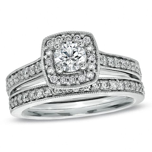 Previously Owned - Celebration Ideal 1 CT. T.w. Diamond Bridal Set in 14K White Gold (J/I1)