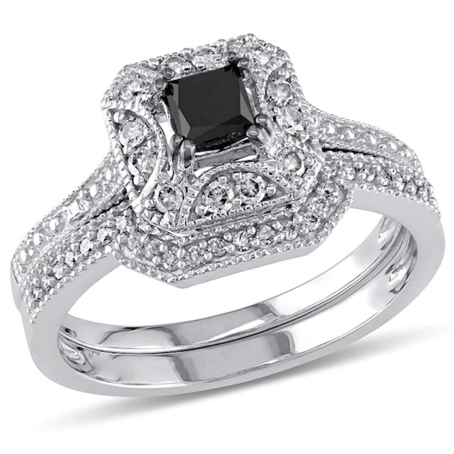 Previously Owned - 5/8 CT. T.w. Enhanced Black and White Princess-Cut Diamond Octagonal Bridal Set in 10K White Gold