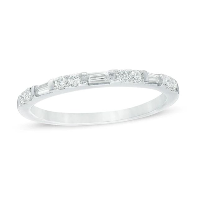 Previously Owned - 1/4 CT. T.w. Baguette and Round Diamond Anniversary Band in 14K White Gold