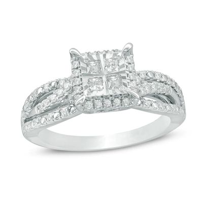 Previously Owned - 1/2 CT. T.w. Quad Princess-Cut Diamond Frame Engagement Ring in 10K White Gold