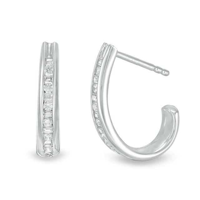 Previously Owned - 1/4 CT. T.w. Baguette and Round Diamond J-Hoop Earrings in 14K White Gold