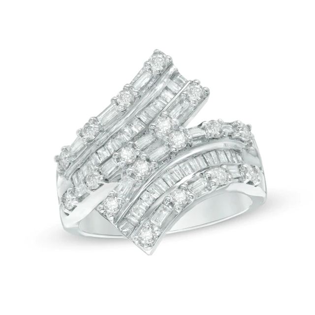 Previously Owned - 1 CT. T.w. Baguette and Round Diamond Bypass Ring in 10K White Gold