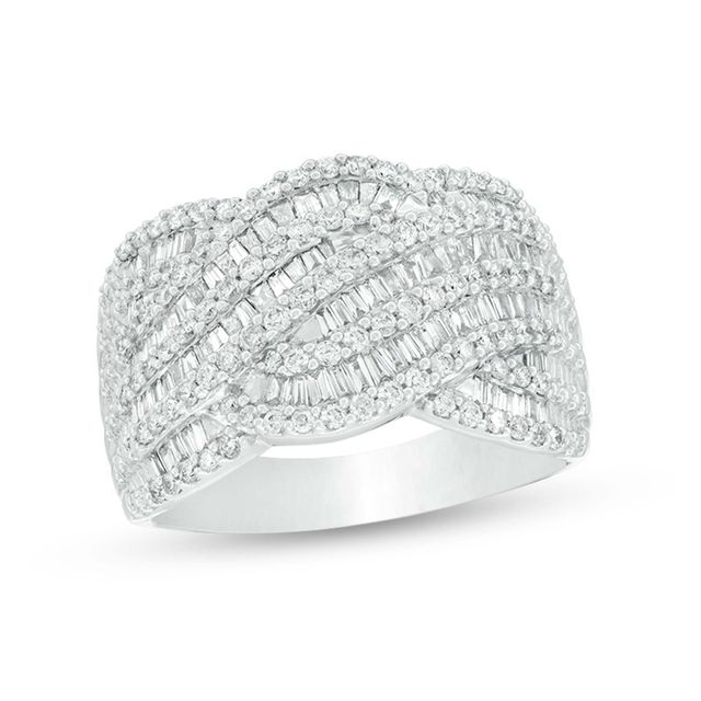 Previously Owned - 1 CT. T.w. Baguette and Round Diamond Multi-Row Wave Anniversary Ring in 10K White Gold