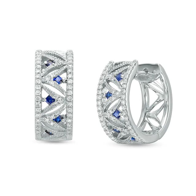 Previously Owned - Vera Wang Love Collection 1/4 CT. T.w. Diamond and Blue Sapphire Hoop Earrings in 14K White Gold