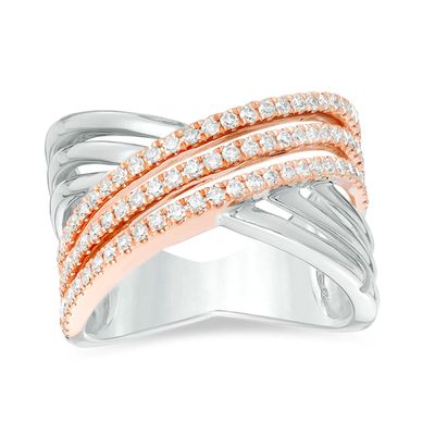 Previously Owned - Vera Wang Love Collection 1/2 CT. T.w. Diamond Crossover Ring in Sterling Silver and 14K Rose Gold
